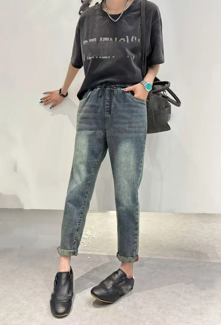 奇奇家潮派大码秋季新款宽松韩版时尚高腰高弹百搭织花牛仔烟管裤