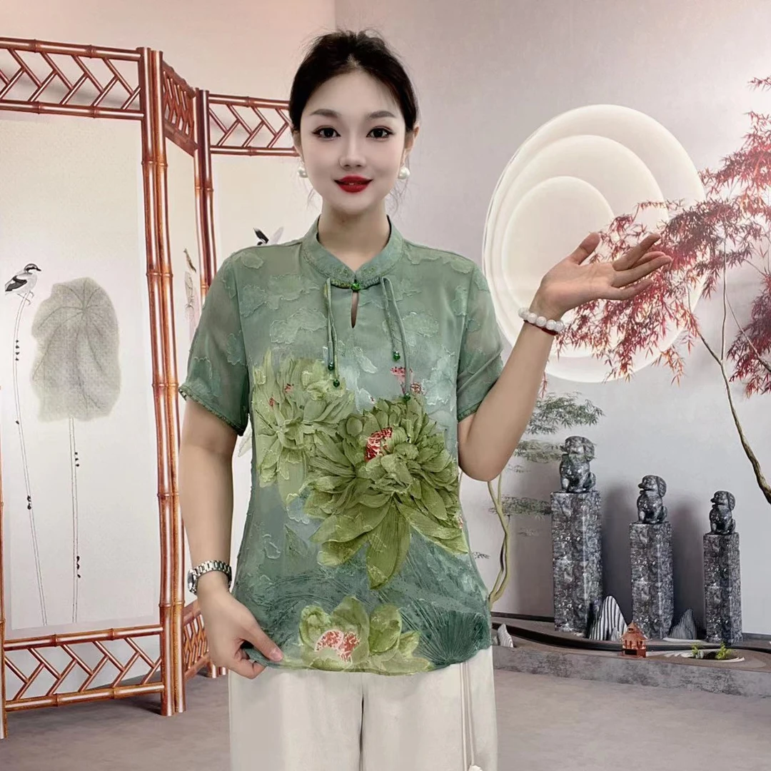 中国风（莲开并蒂）气质时尚减龄新中式短袖女士宽松带版型单件上衣