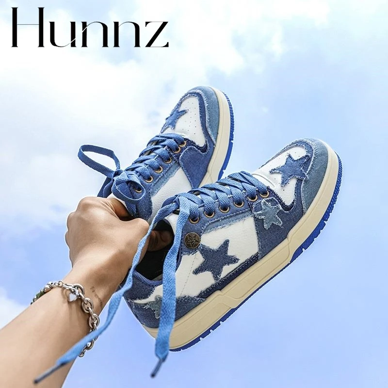 hunnz轻奢2025秋季新款男鞋水洗牛仔布星星板鞋时尚潮流运动休闲
