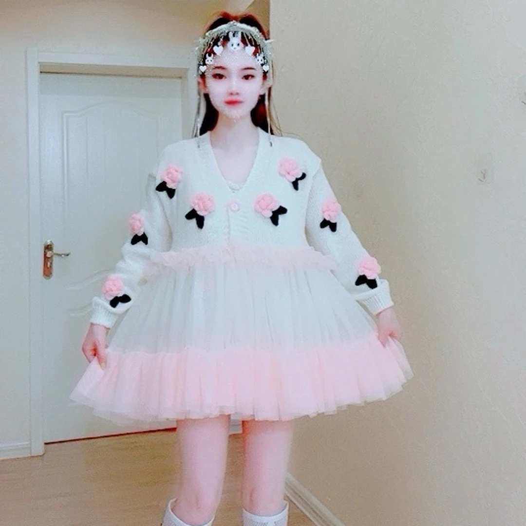 【面条仙仙】3512#高品质秋冬钩花针织开衫外套蓬蓬连衣裙