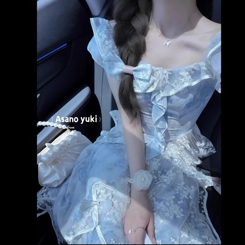 【花悦梦境】法式风情蓝色蕾丝超仙温柔上衣复古班群套装辣妹显瘦