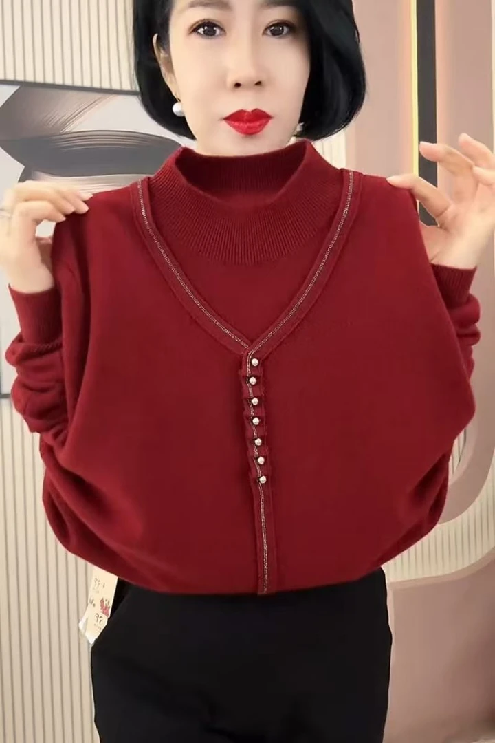 洋气妈妈秋冬装毛衣新款时尚针织一体绒上衣中老年加绒加厚打底衫