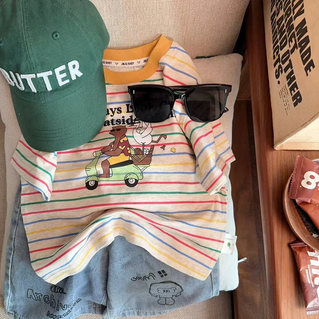 【JMJQ 25369】夏季中小童韩版亲肤色织彩条印花短袖体恤