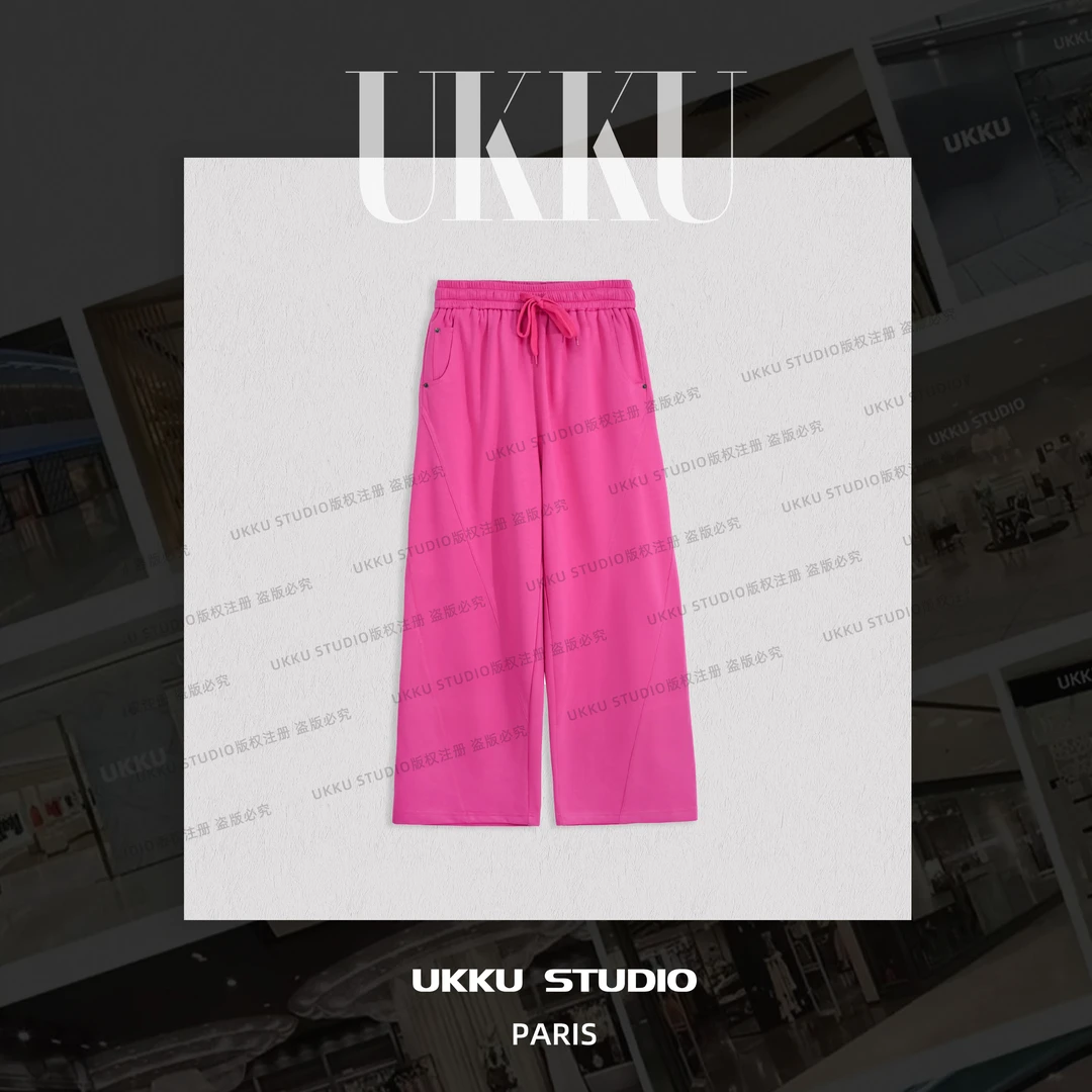 秀秀【UKKU】红气质阔腿直筒修身女神玫红色休闲裤614402