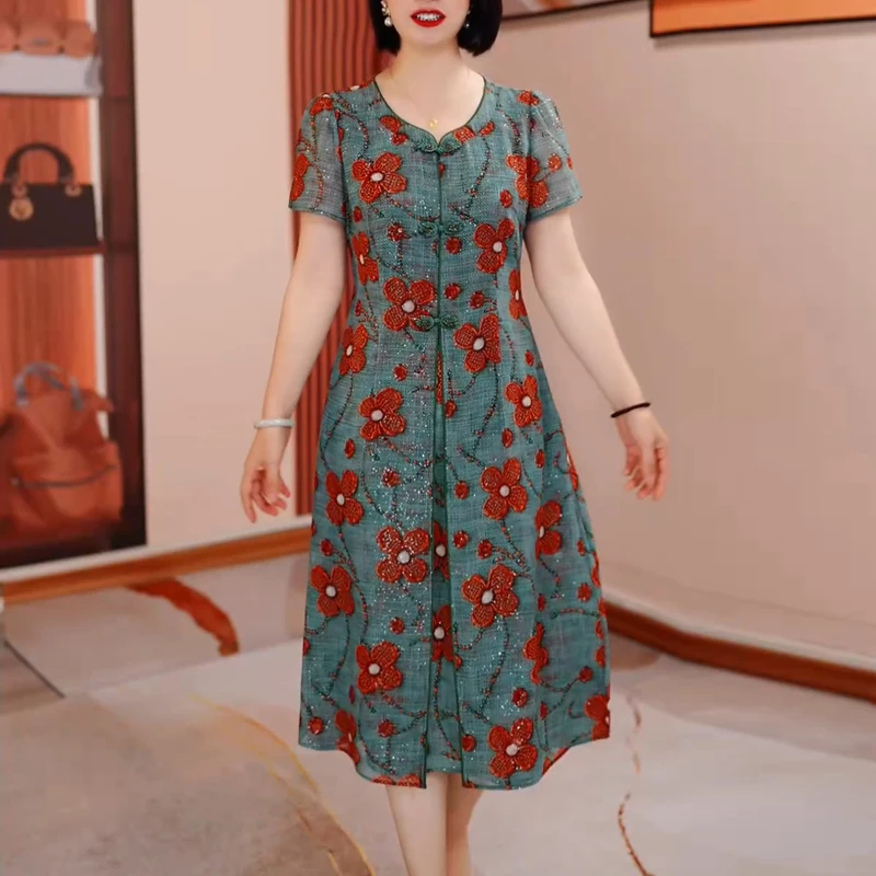 复古风时尚印花连衣裙女2025新款夏季中年妈妈款遮肚藏肉短袖裙子