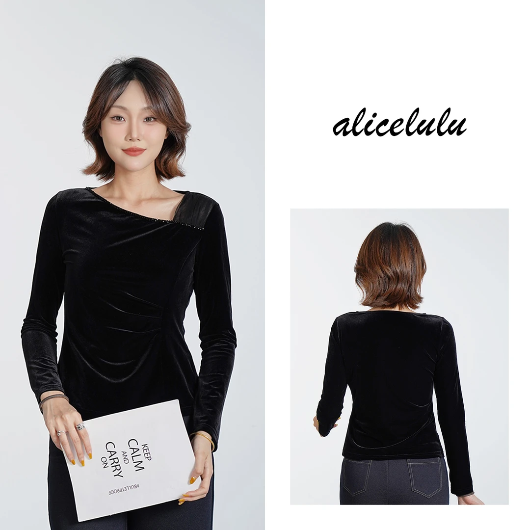 6[alicelulu]黑色网纱拼接丝绒打底衫百搭舒适上衣S2144721E