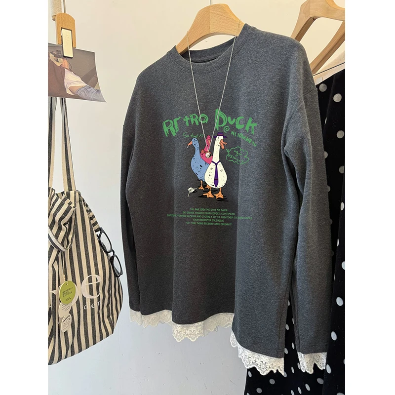 胖妹妹200斤大码卡通设计感蕾丝磨毛长袖打底衫女秋冬内搭T恤上衣