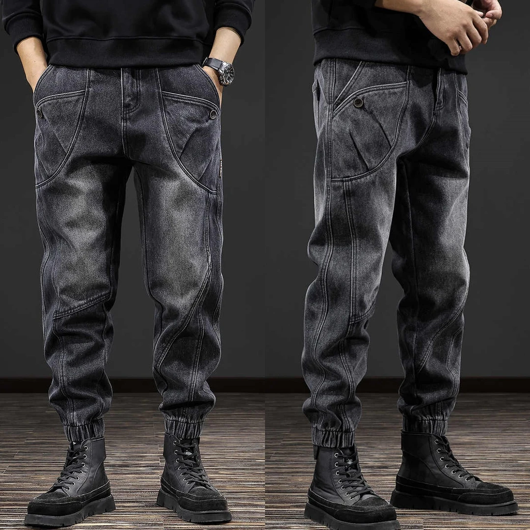 2025春季美式复古工装牛仔裤男春秋季新款做旧水洗休闲束脚哈伦裤