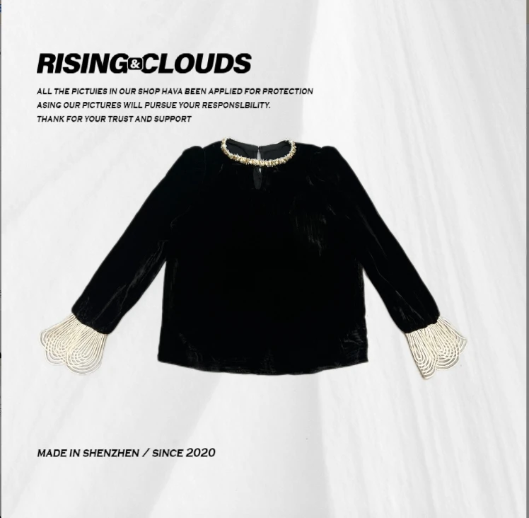 RISING&CLOUDS小云姐【黑钥匙】休闲百搭钉珠圆领丝绒小衫120353