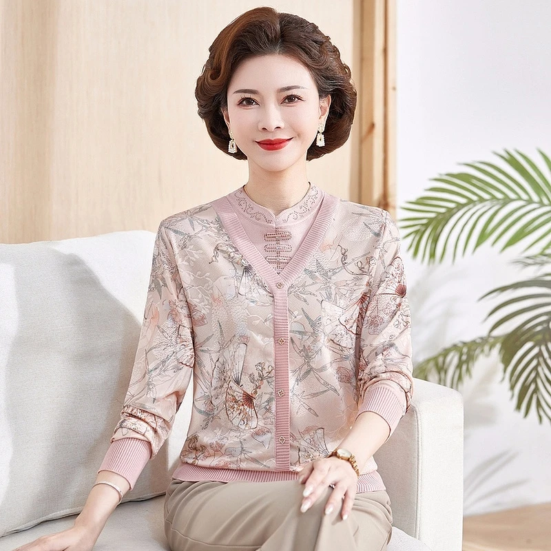 2025新款早春假两件中领中老年女装春秋中年打底衫长袖时尚国风