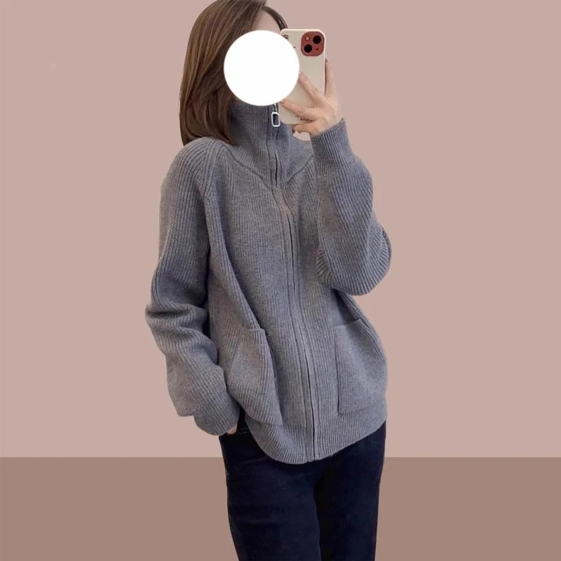 竖坑条口袋高领拉链针织开衫秋冬新款大码女装宽松显瘦毛衣外套潮