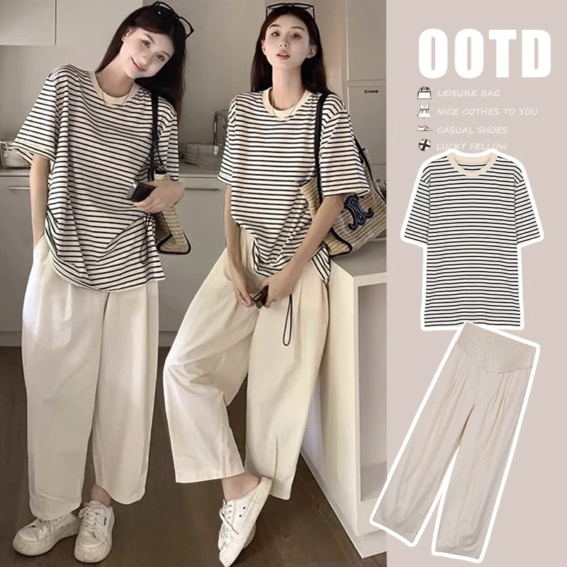 2025年新款孕妇夏装套装宽松条纹上衣t恤短袖休闲裤夏季两件套