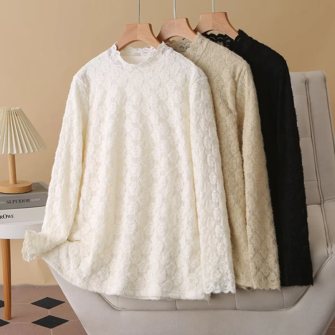 110-190斤微胖大码女装秋冬长袖加绒加厚保暖加厚蕾丝打底衫T恤衫