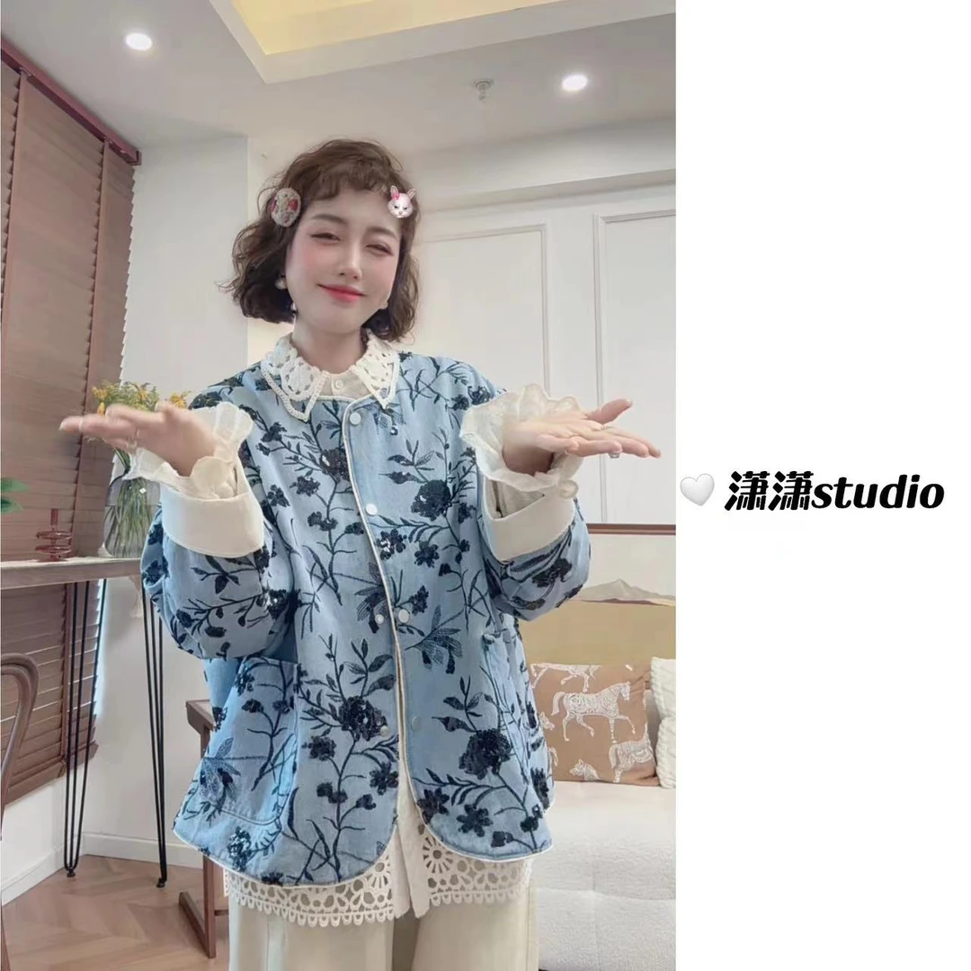 【刺绣花牛仔】【外套】潇潇自制亮片刺绣韩系百搭牛仔外套XW0054