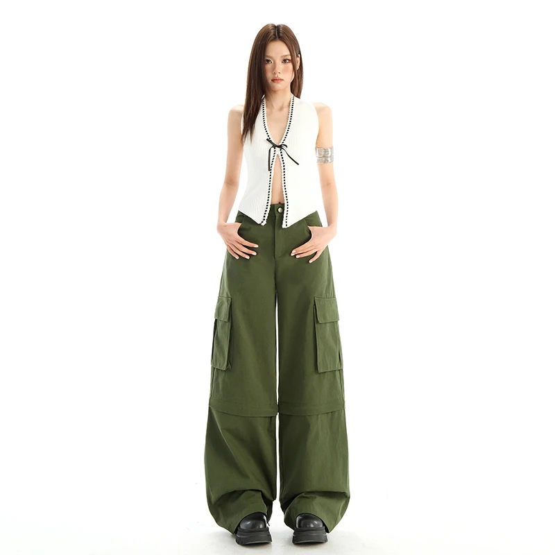 RJVO新款可脱卸两穿军绿高腰直筒休闲阔腿多口袋工装裤
