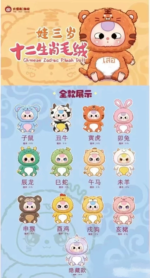 Baby  Three娃三岁十二生肖系列 潮玩盲盒毛绒公仔