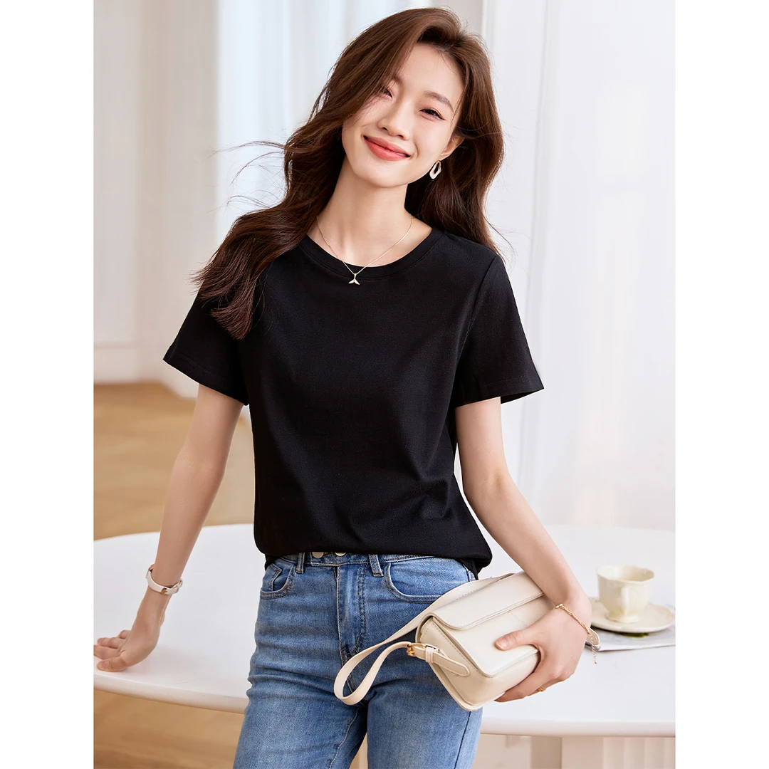 沫晗依美基础百搭简约棉感短袖2025夏休闲气质显瘦纯色T恤女01903