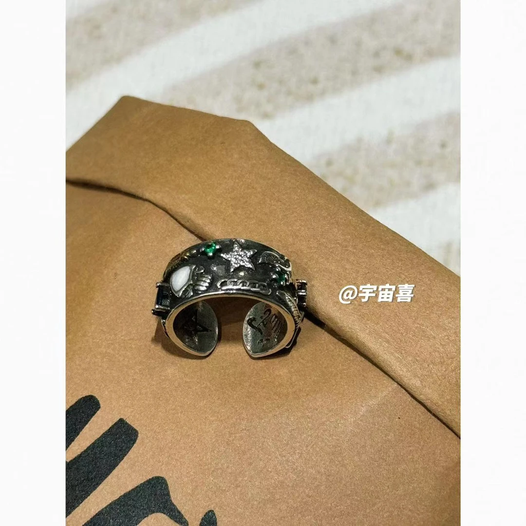 铜合金合成锆石戒指 镀银【活口盾牌皇冠】小号涂鸦