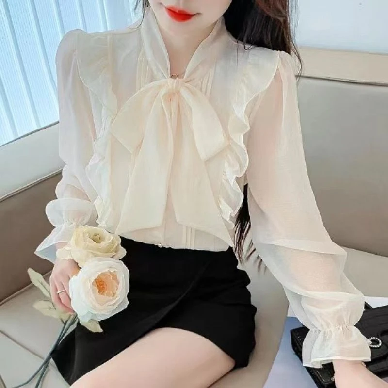 法式荷叶边减龄宽松雪纺衫女2025春秋甜美气质结百搭长袖上衣小衫