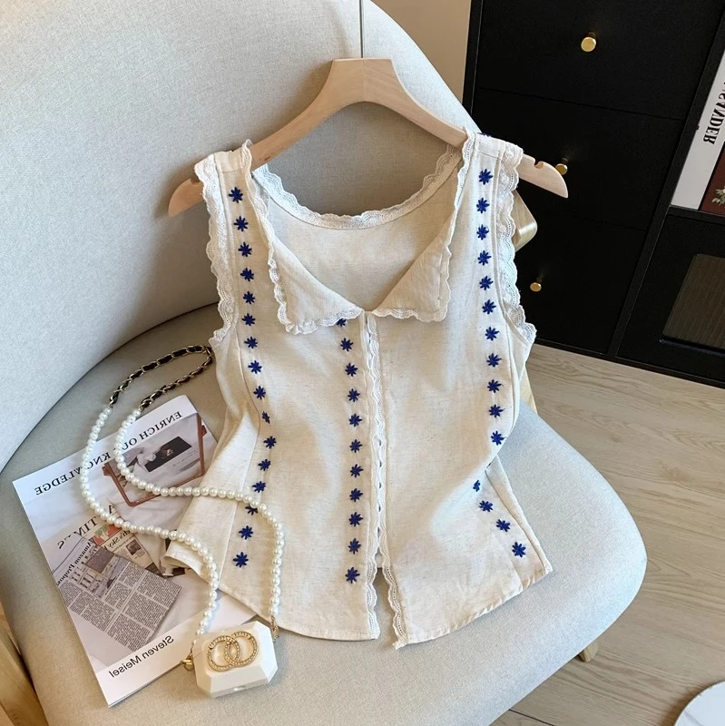 法式复古刺绣V领无袖背心女夏季设计感显瘦后背绑带设计花边上衣