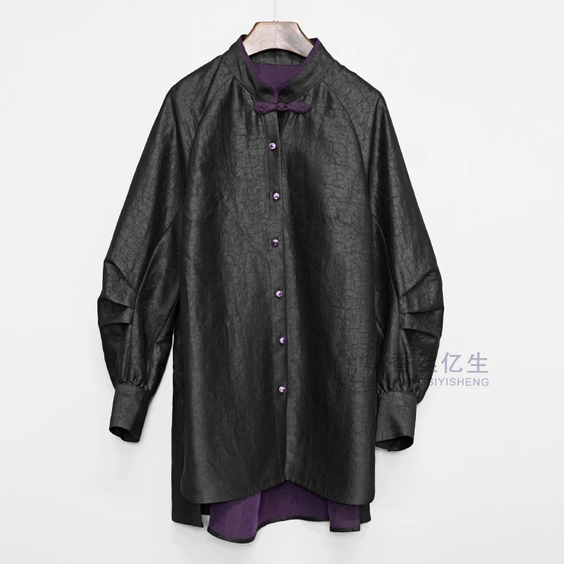 香云纱紫龟百搭国风衬衣时尚中长黑色长袖春季宽松女士衬衫X3112