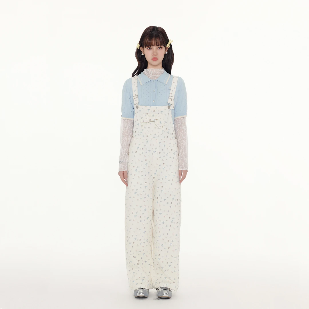 FPMZ 碎花满印蝴蝶结口袋背带裤直筒长裤连体裤复古韩系甜美甜美