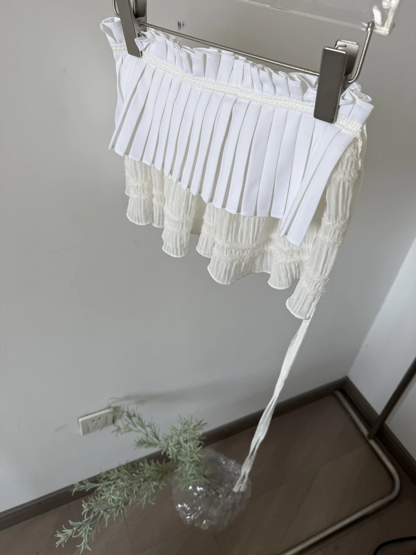 泡菜正品no退no换春夏新款百褶双层网纱系带屁帘裙