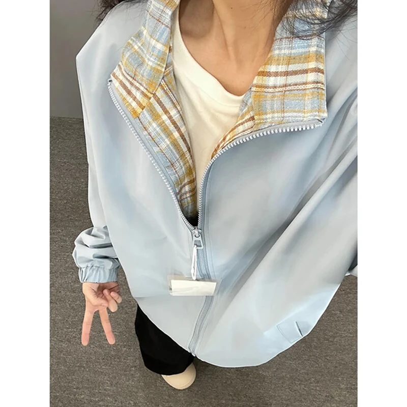 美式复古格子外套男款春季cleanfit短款飞行夹克设计感情侣棒球服