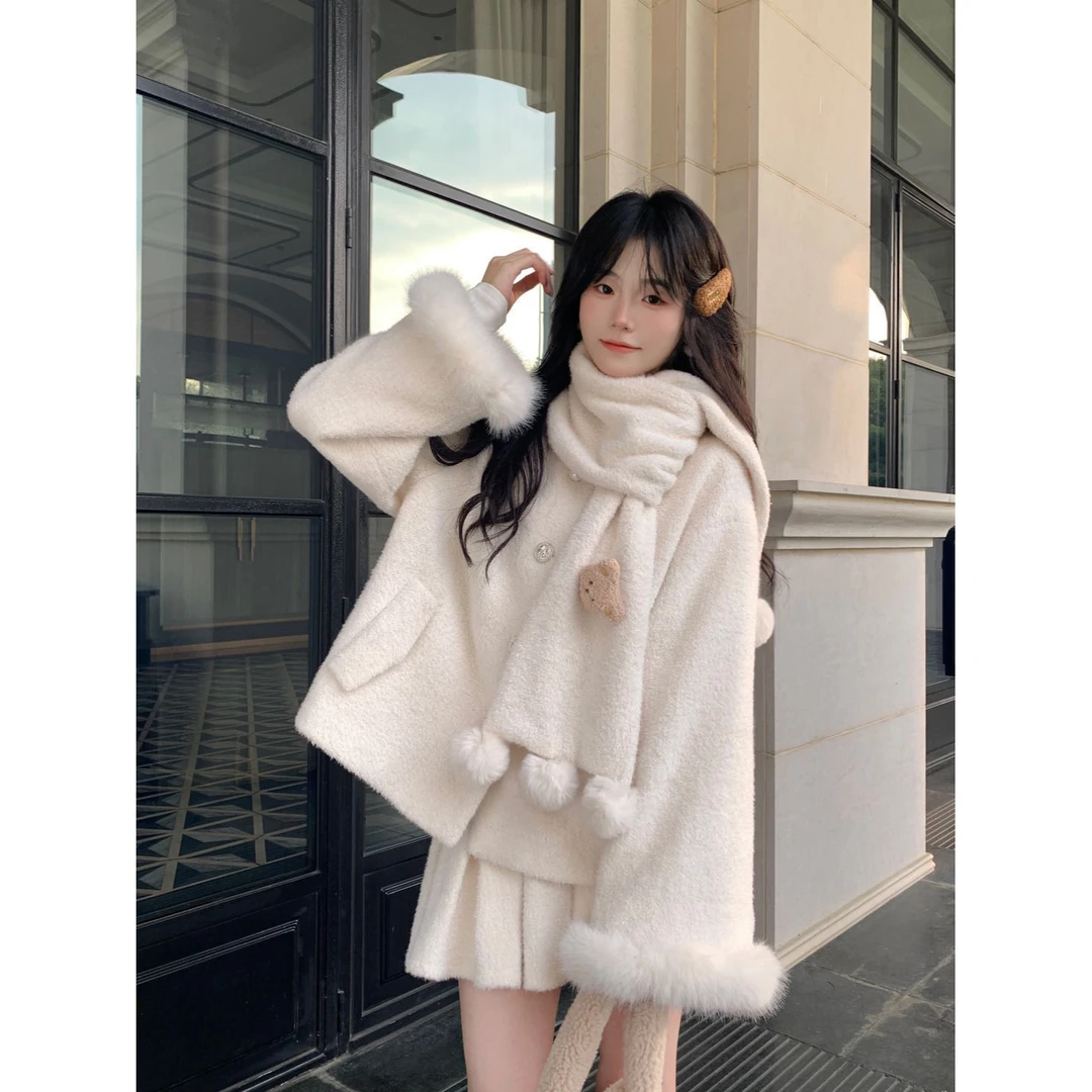 高级感气质甜美小个子显瘦白色毛绒外套半身裙两件套装女冬季新款