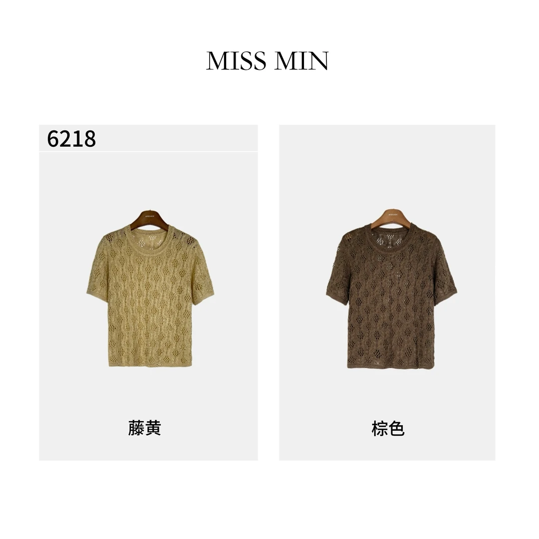 MISS MIN  6218洋气衣服女针织短袖设计感镂空通勤休闲圆领上衣