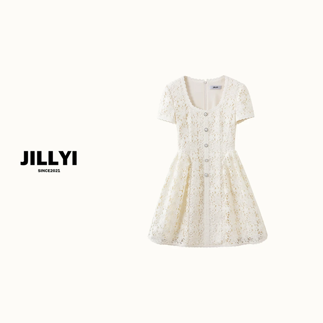 JILLYI【生日盛典】米白色方领拼接花朵织布时尚气质连衣裙