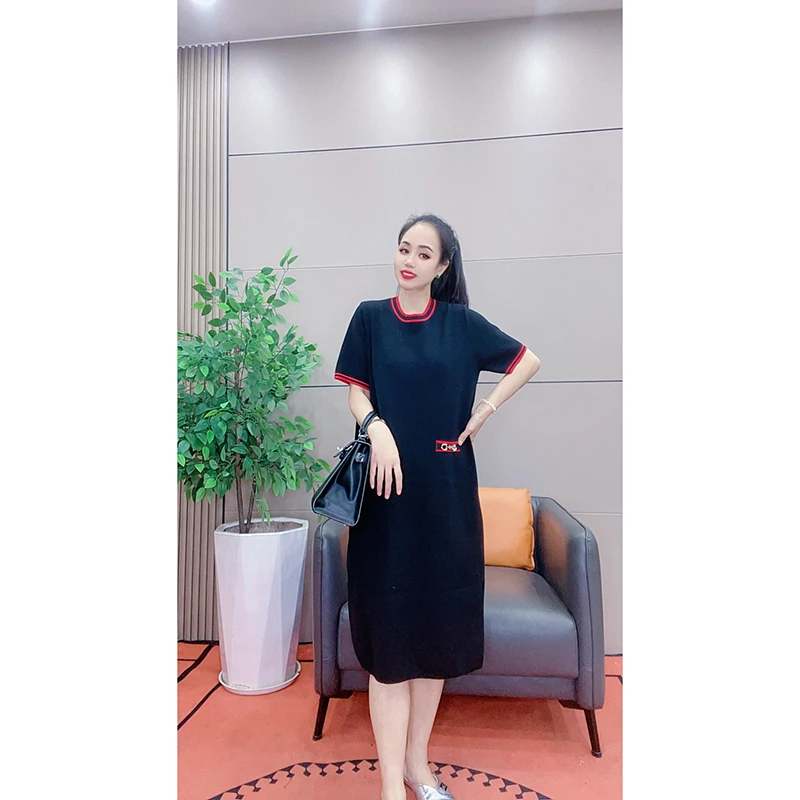 4091 撞色小香风连衣裙气质时尚针织中长款裙子