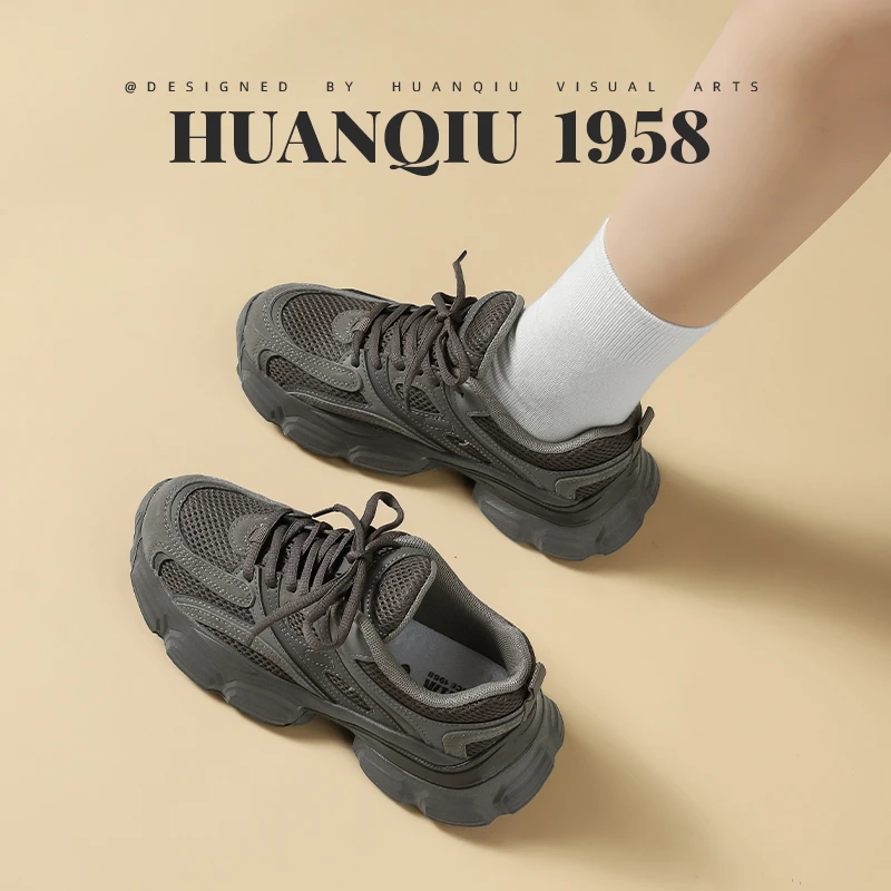环球2025春季厚底网红黑色老爹鞋小众透气夏季时尚增高运动鞋百搭