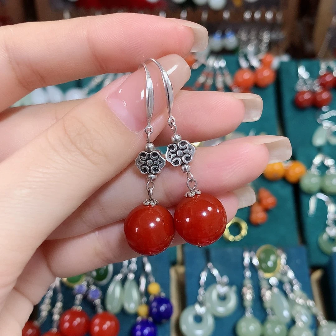 玛瑙/玉髓耳饰银S925镶嵌天然红玛瑙12mm左右（锦红）