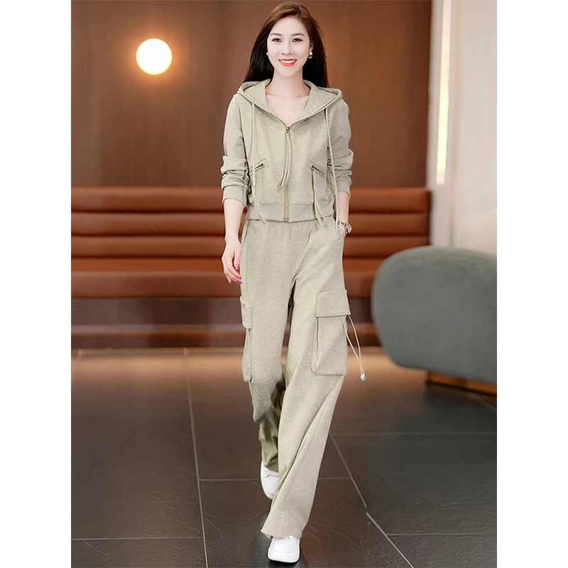 拉夏贝尔卫衣外套工装阔腿裤两件套女2025春秋洋气运动服时尚套装