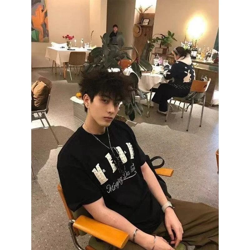 新款重磅宽松小香刺绣贴布男女珍珠同款字母短袖T恤美式上衣情侣