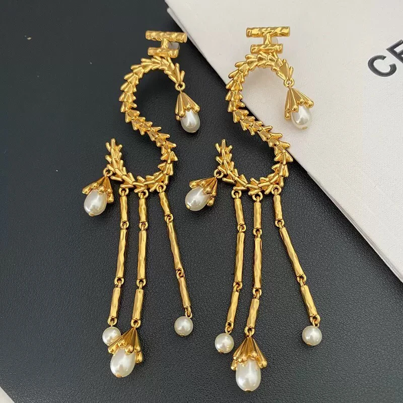 铜合金仿珍珠耳饰 【6811】夏帕瑞丽Schiparelli 复古字母S长流苏