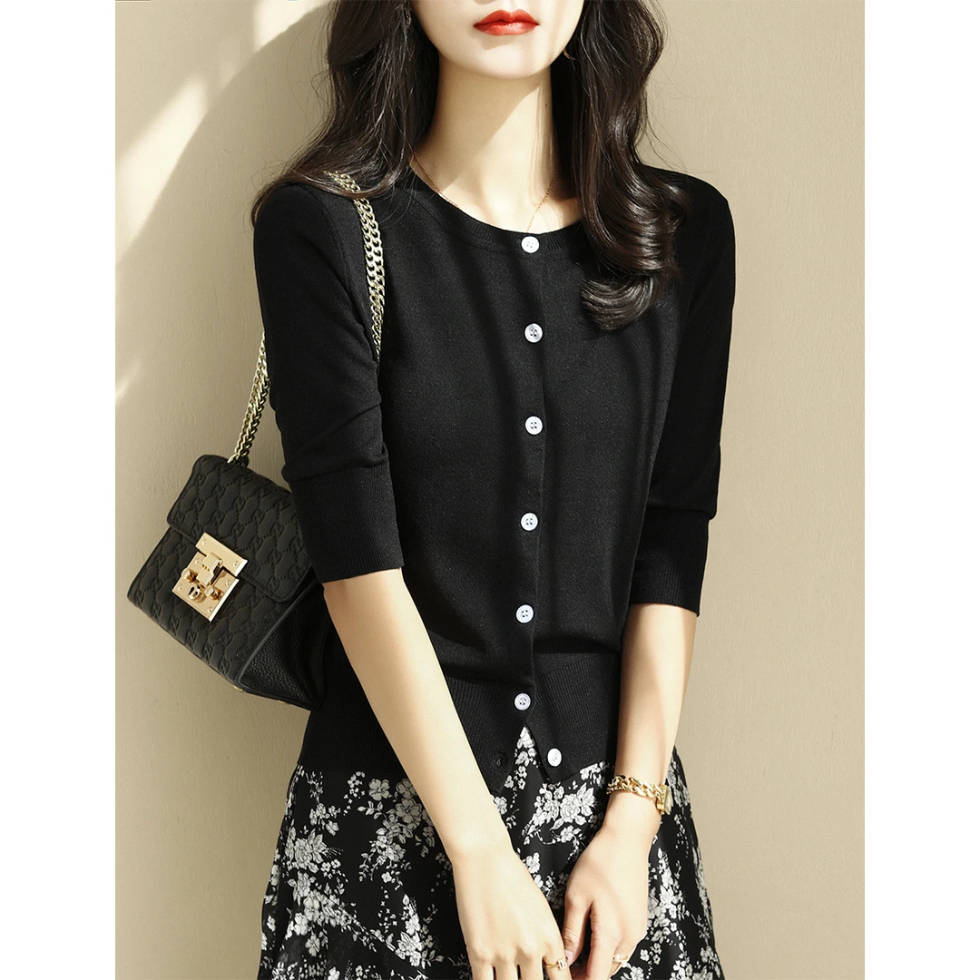 夏季新款女装黑色宽松显瘦中袖针织开衫气质圆领纽扣薄款T恤上衣