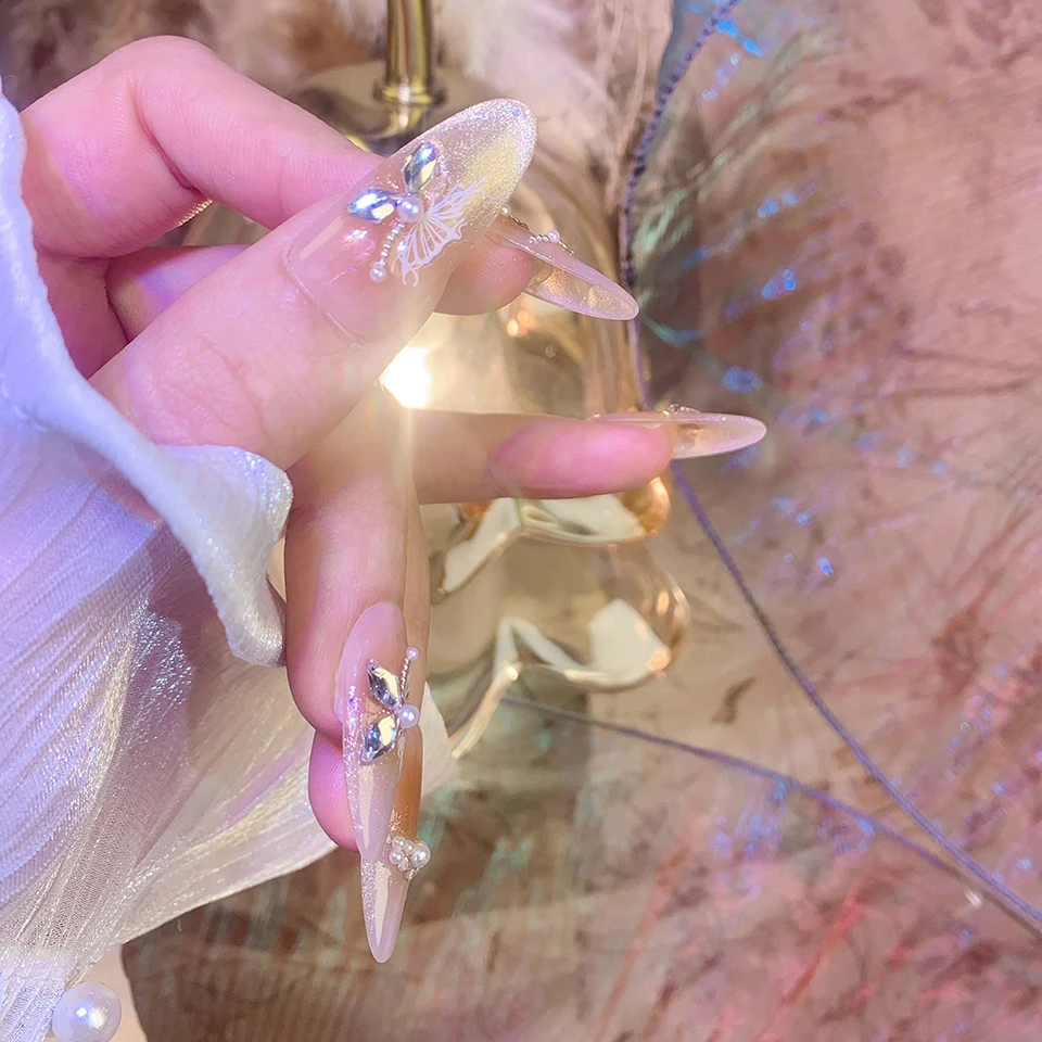 庄生蝶甲穿戴甲纯手工梦幻猫眼钻石高级气质可拆卸ins显白
