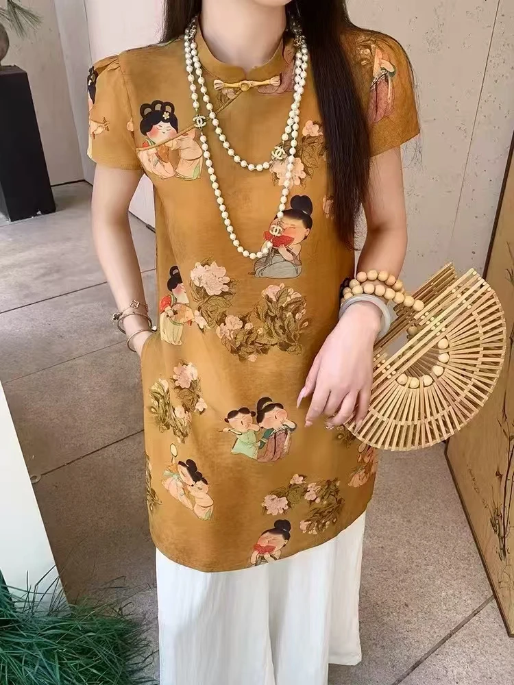 YY 25185 套装新中式改良旗袍上衣搭配白色阔腿裤气质显瘦两件套