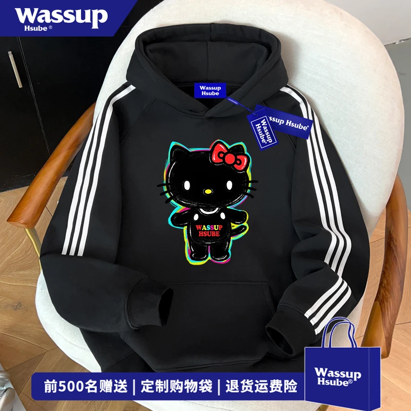 WASSUP HSUBE秋冬趣味卡通印花连帽卫衣男休闲百搭三条杠黑色上衣