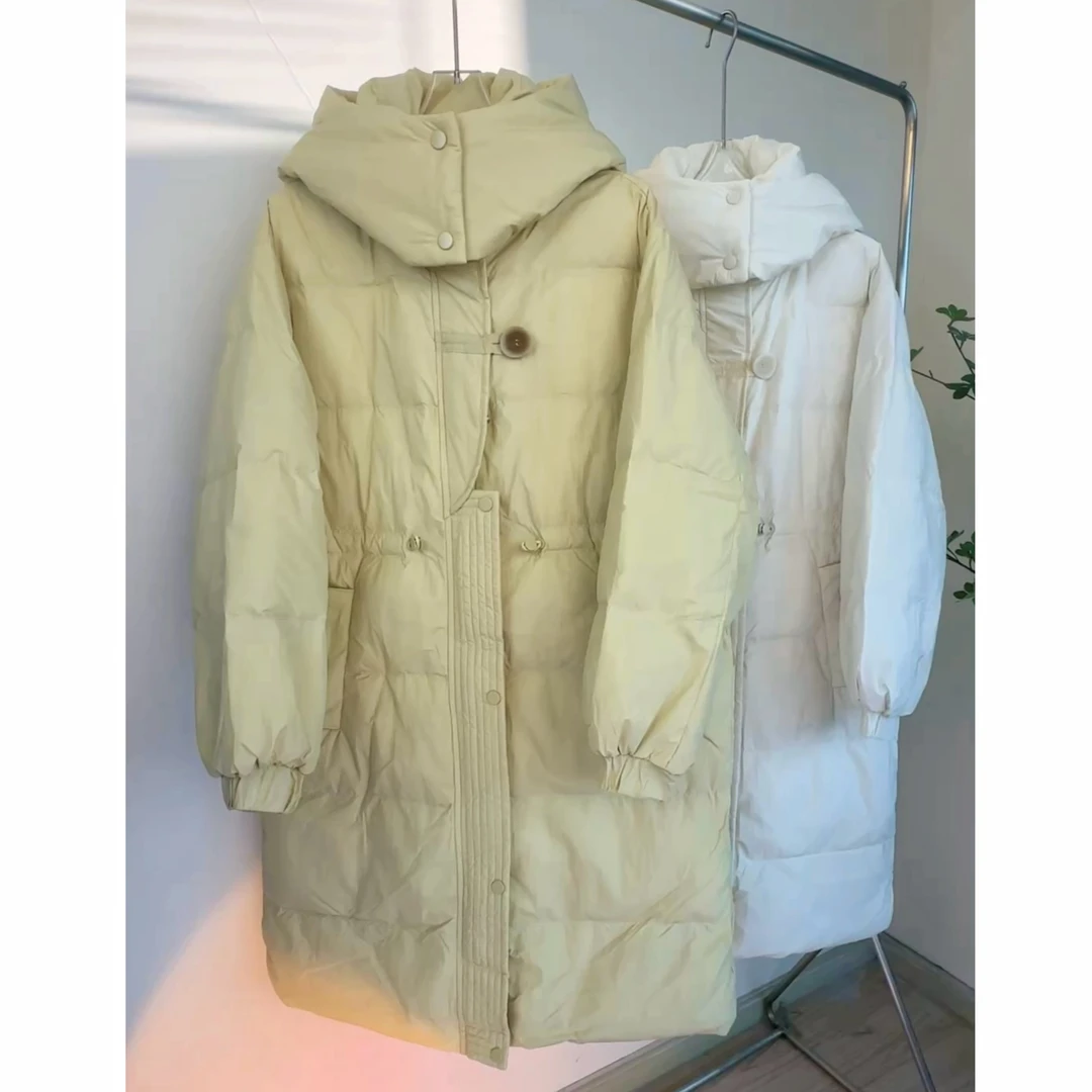 韩版抽绳收腰连帽羽羽服女2025冬季新款中长款气质时尚白鸭绒外套