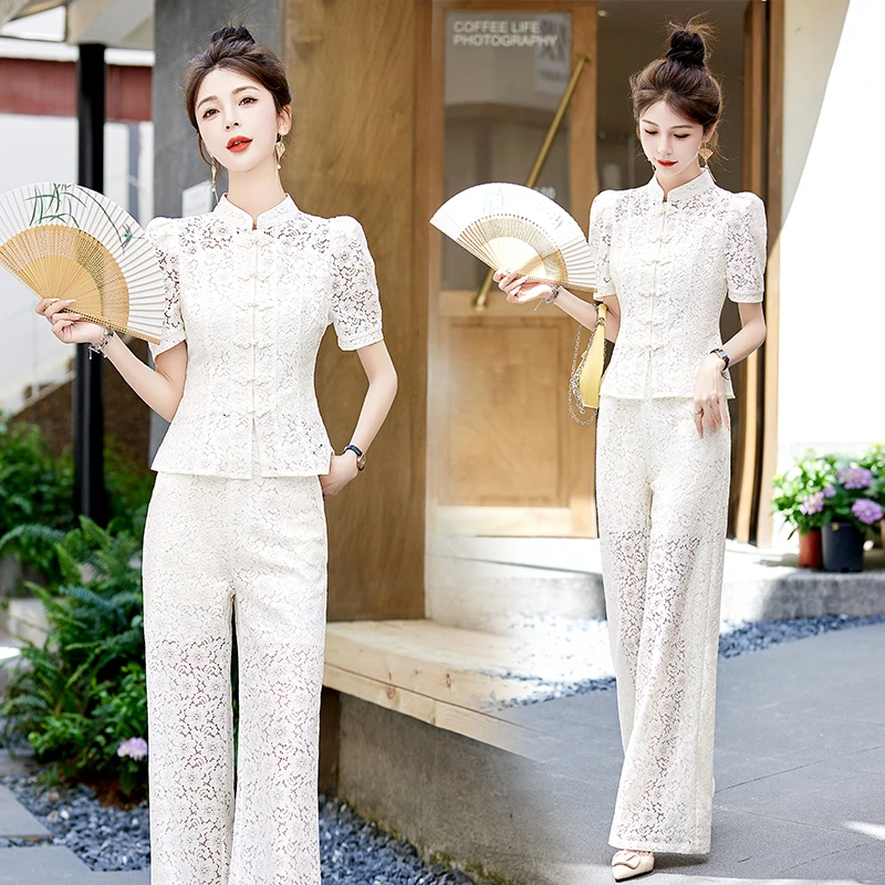时尚复古蕾丝套装女2025夏季新款气质减龄显瘦新中式阔腿裤两件套