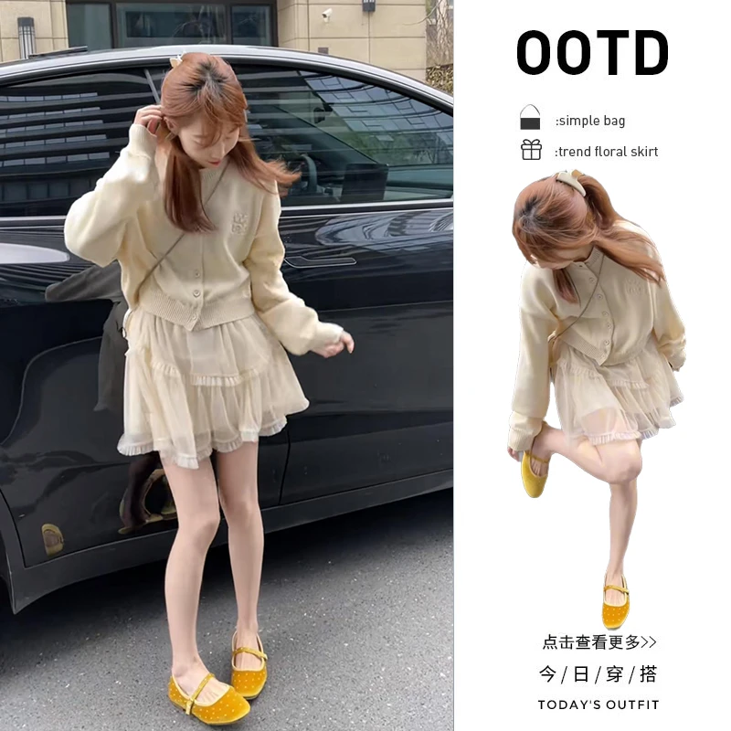 早春穿搭一整套女装2025新款韩版针织开衫百搭花边半身裙两件套装