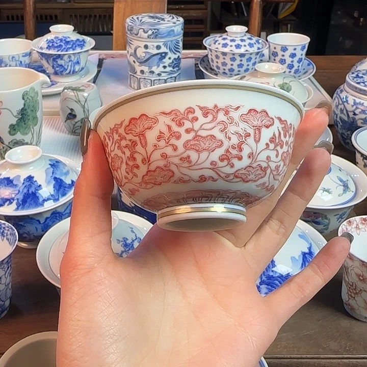 名窑口 点工釉里红花卉主人杯放漏放漏