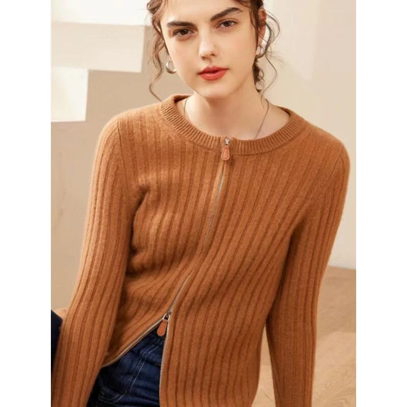 老钱风经典双皮革拉链羊绒开衫4359