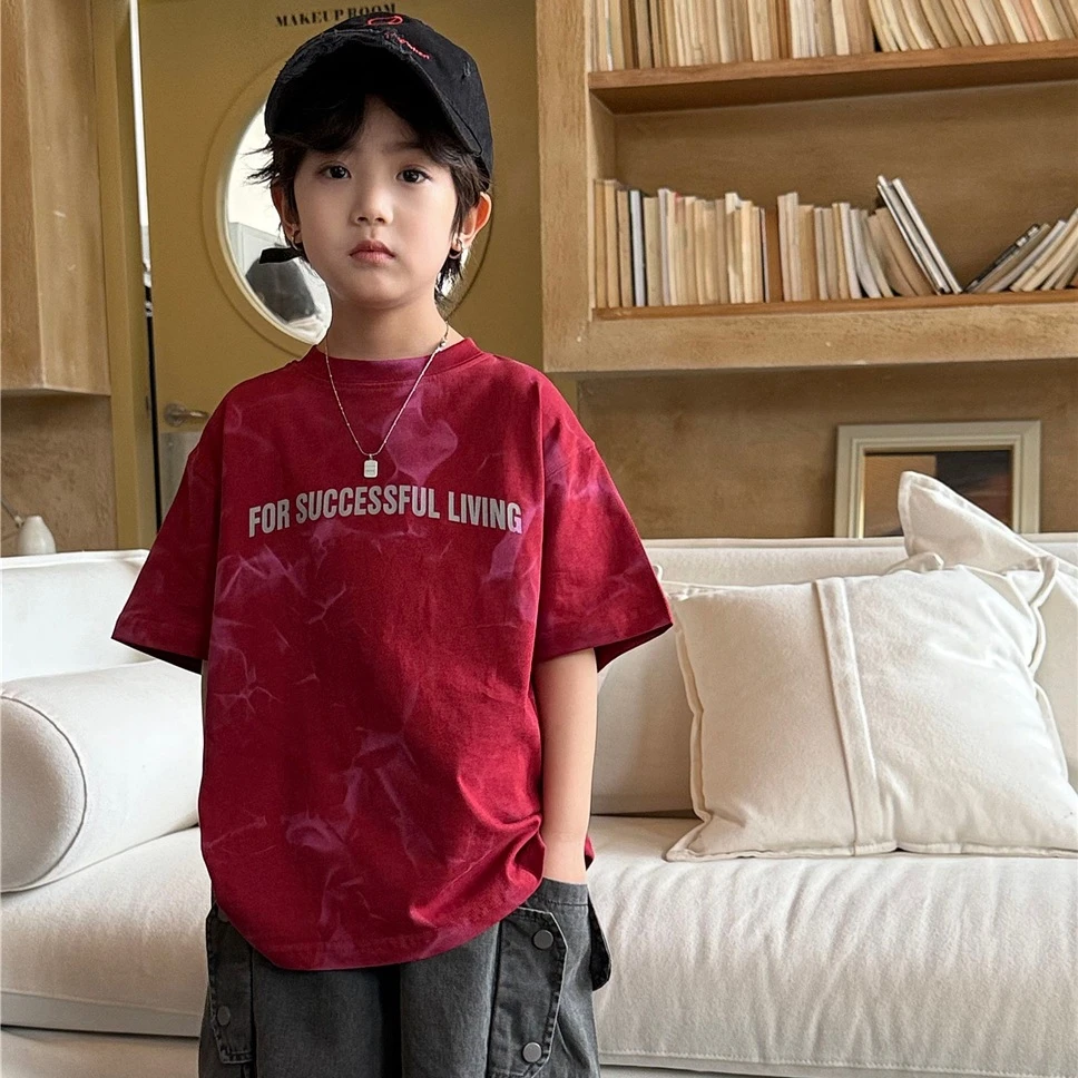 A.MU手工喷绘光影渐变儿童纯棉短袖 2025童装夏款男女宝洋气短袖T