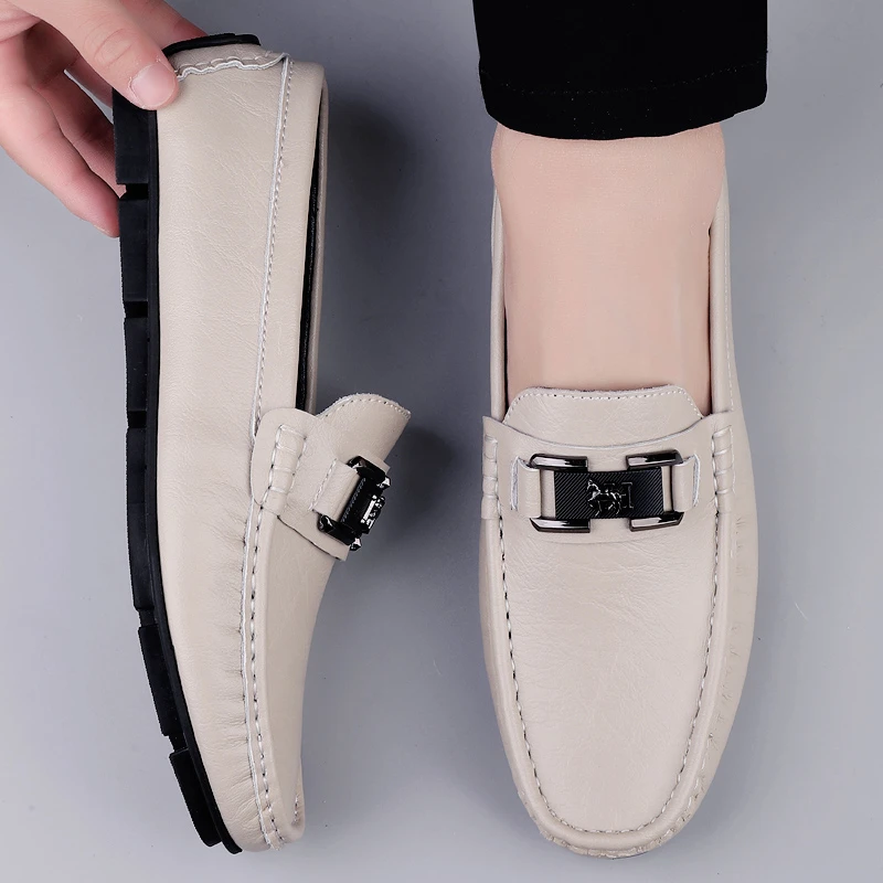 真皮豆豆鞋韩版豆豆鞋软底透气夏季时尚男士男款白色男鞋牛皮真皮