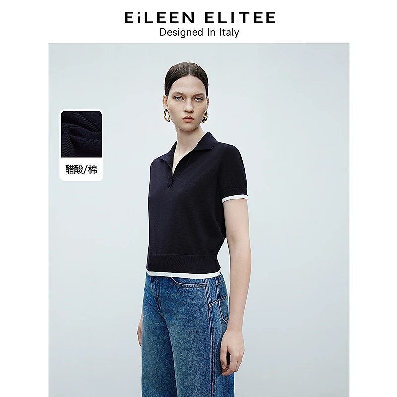 朗姿2025年春季新款醋酸翻领藏蓝色短袖针织衫女气质通勤上衣