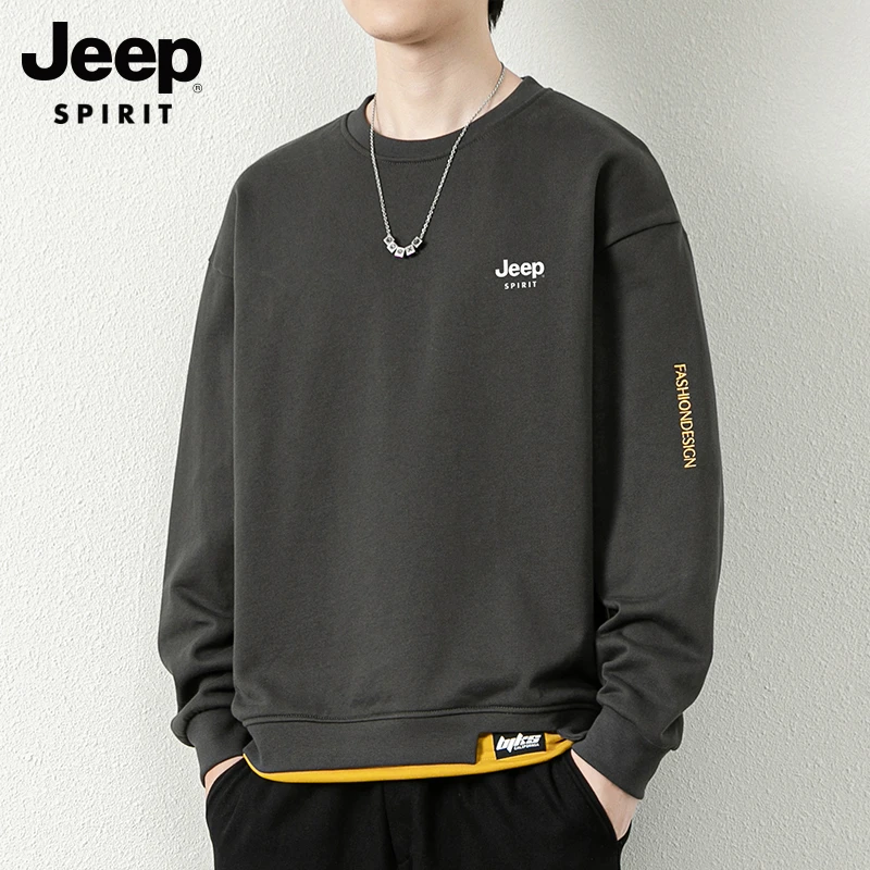 吉普吉普圆领卫衣男士春秋季2025新款宽松大码假两件打底衫秋衣男